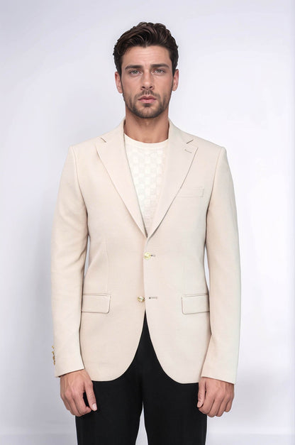 Beige Textured Gold Metal Button Slim Fit Men's Blazer Jacket