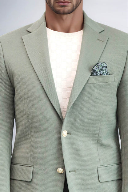 Sage Green Textured Gold Metal Button Slim Fit Men's Blazer Jacket