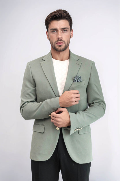 Sage Green Textured Gold Metal Button Slim Fit Men's Blazer Jacket