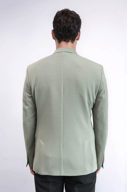 Sage Green Textured Gold Metal Button Slim Fit Men's Blazer Jacket