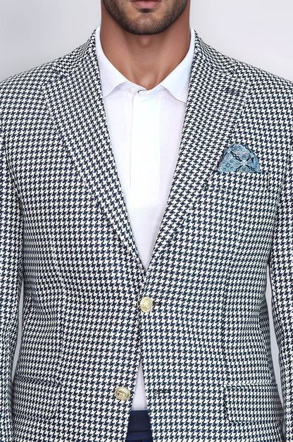 KOALA SYDNEY  Navy Blue Houndstooth Pattern Gold Metal Button Slim Fit Men's Blazer Jacket