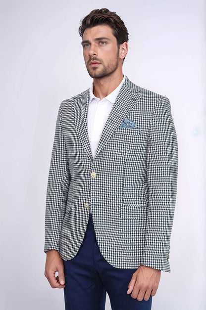 KOALA SYDNEY  Navy Blue Houndstooth Pattern Gold Metal Button Slim Fit Men's Blazer Jacket