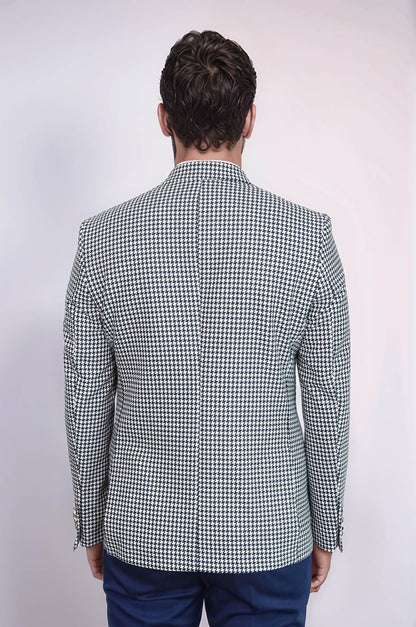 KOALA SYDNEY  Navy Blue Houndstooth Pattern Gold Metal Button Slim Fit Men's Blazer Jacket