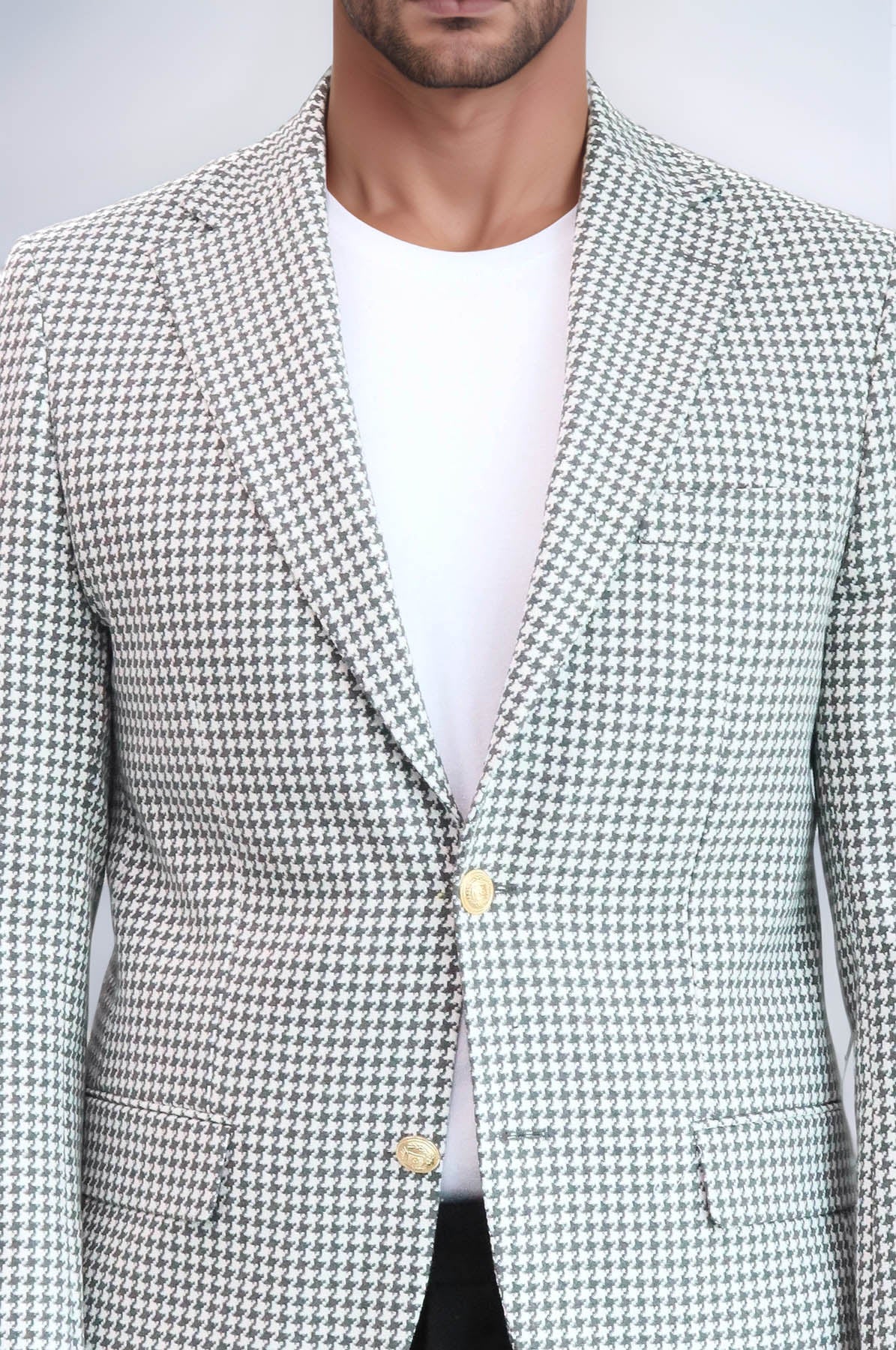 KOALA SYDNEY  Light Grey Houndstooth Pattern Gold Metal Button Slim Fit Men's Blazer Jacket