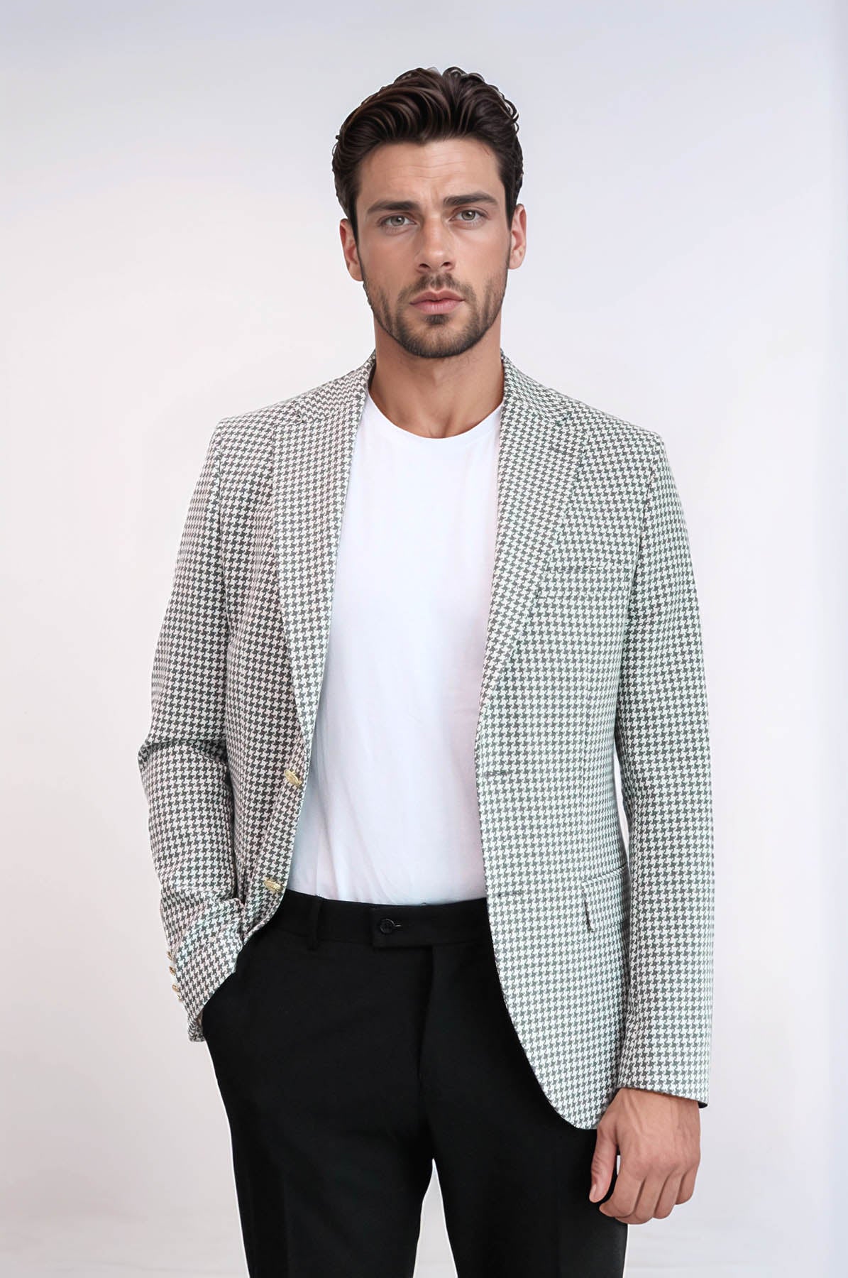 KOALA SYDNEY  Light Grey Houndstooth Pattern Gold Metal Button Slim Fit Men's Blazer Jacket