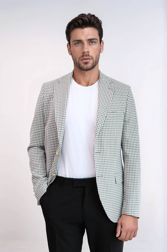 KOALA SYDNEY  Light Grey Houndstooth Pattern Gold Metal Button Slim Fit Men's Blazer Jacket