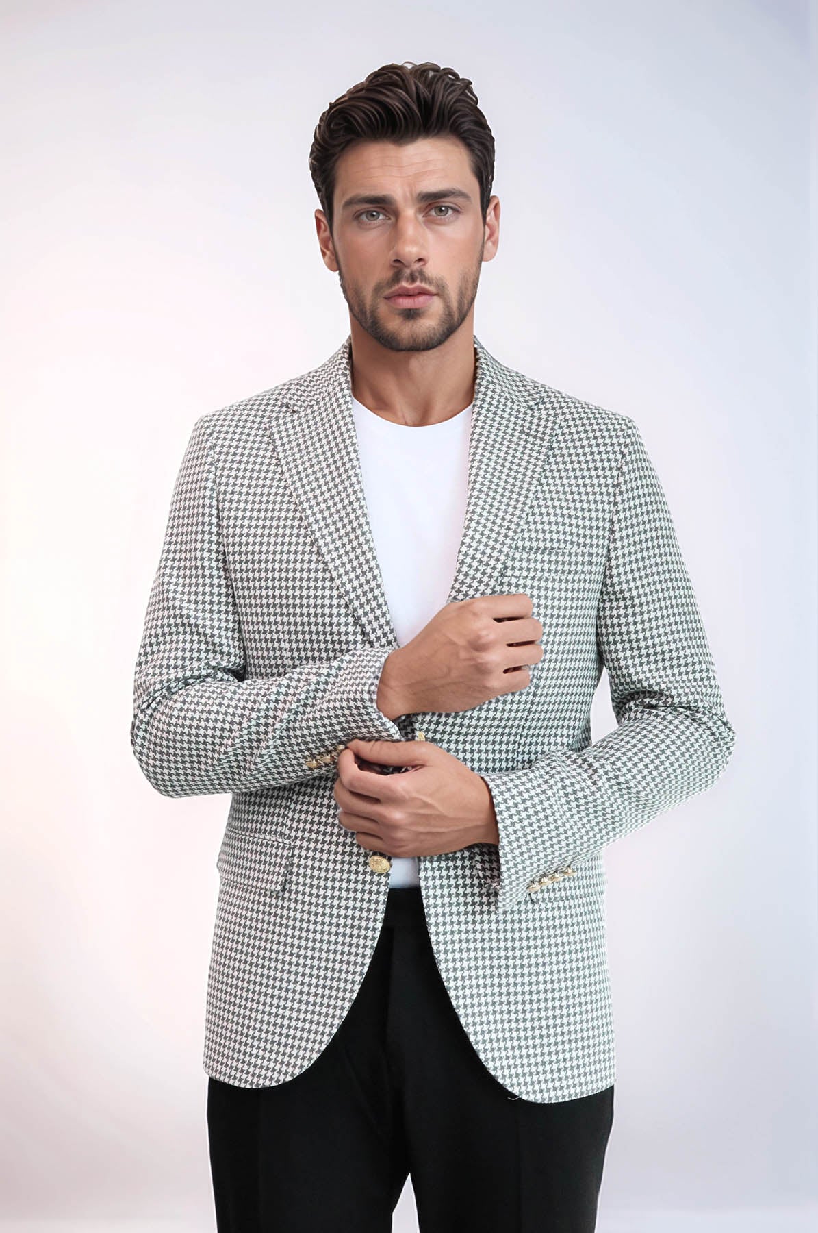 KOALA SYDNEY  Light Grey Houndstooth Pattern Gold Metal Button Slim Fit Men's Blazer Jacket