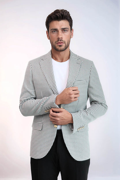 KOALA SYDNEY  Light Grey Houndstooth Pattern Gold Metal Button Slim Fit Men's Blazer Jacket
