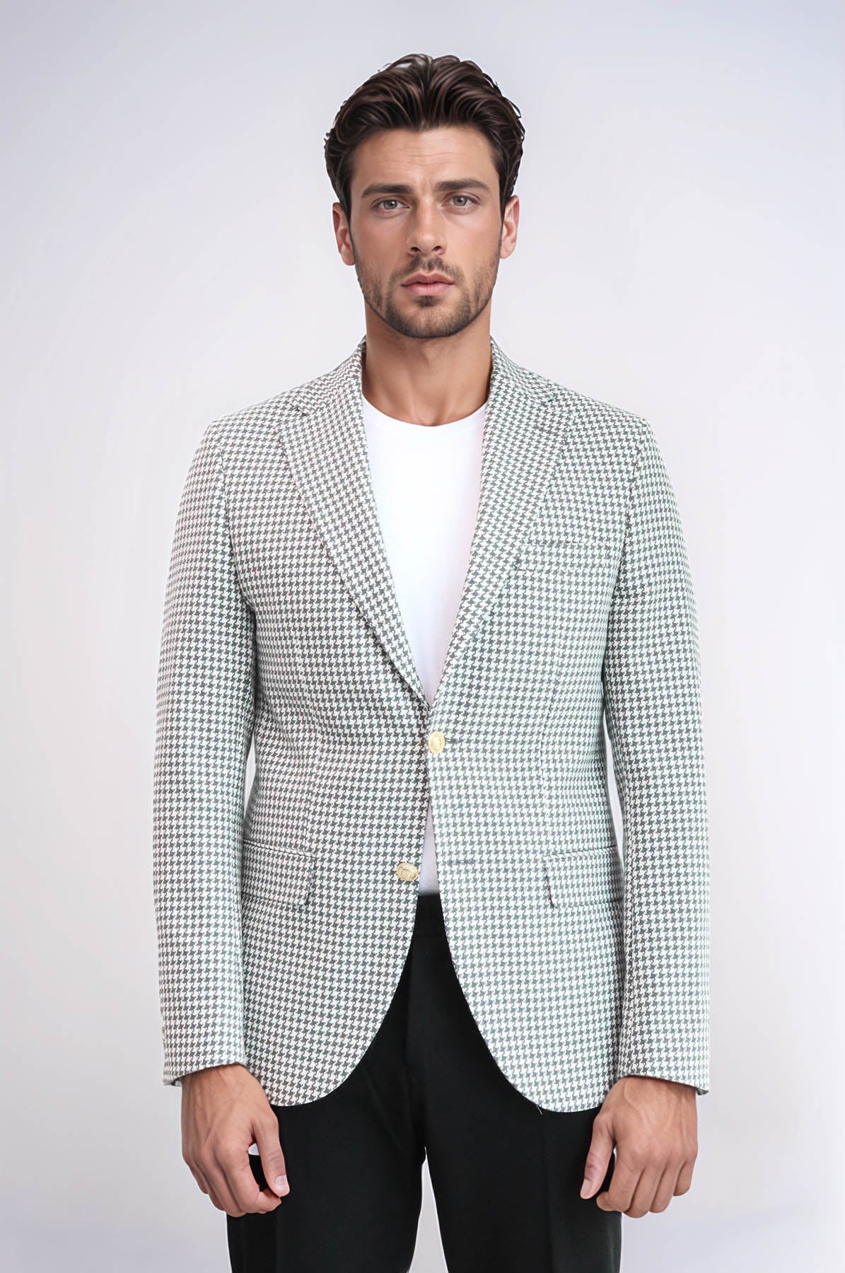 KOALA SYDNEY  Light Grey Houndstooth Pattern Gold Metal Button Slim Fit Men's Blazer Jacket