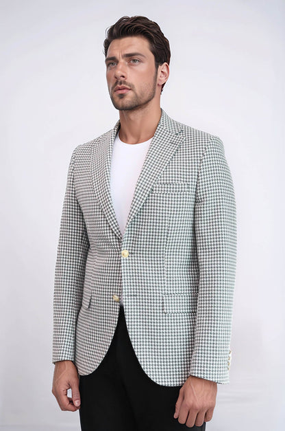 KOALA SYDNEY  Light Grey Houndstooth Pattern Gold Metal Button Slim Fit Men's Blazer Jacket