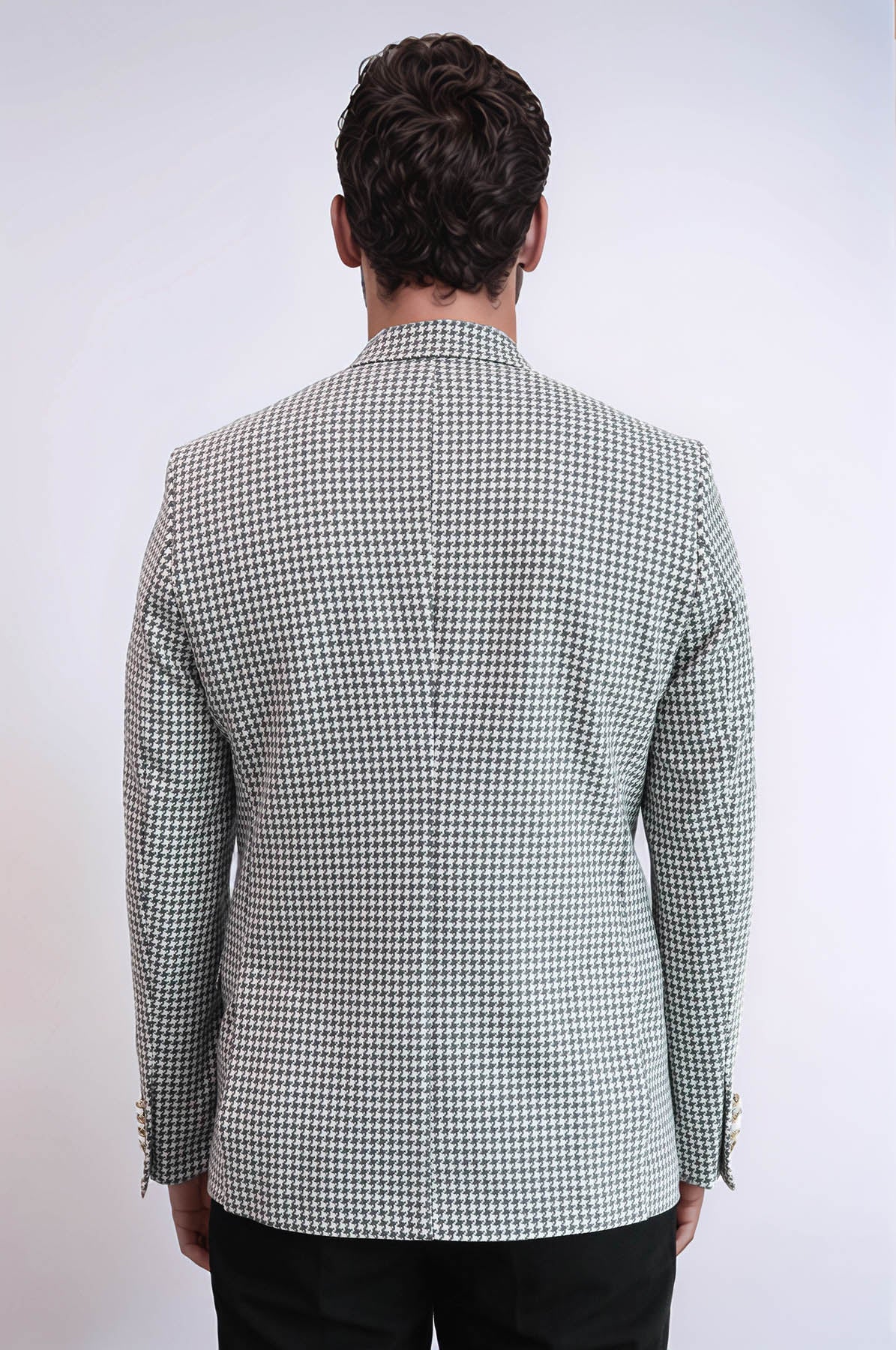 KOALA SYDNEY  Light Grey Houndstooth Pattern Gold Metal Button Slim Fit Men's Blazer Jacket