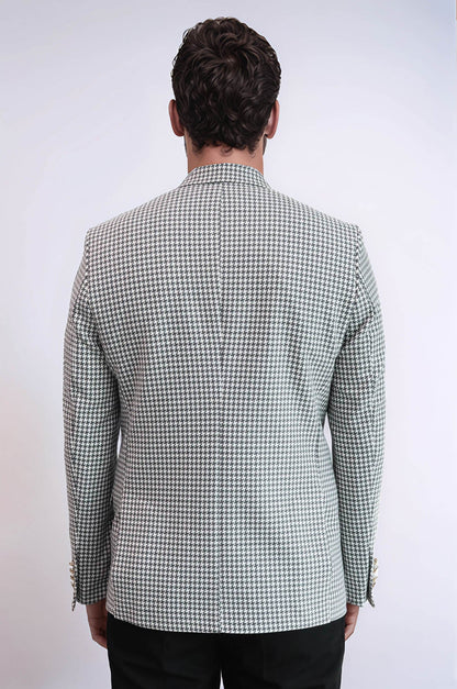 KOALA SYDNEY  Light Grey Houndstooth Pattern Gold Metal Button Slim Fit Men's Blazer Jacket