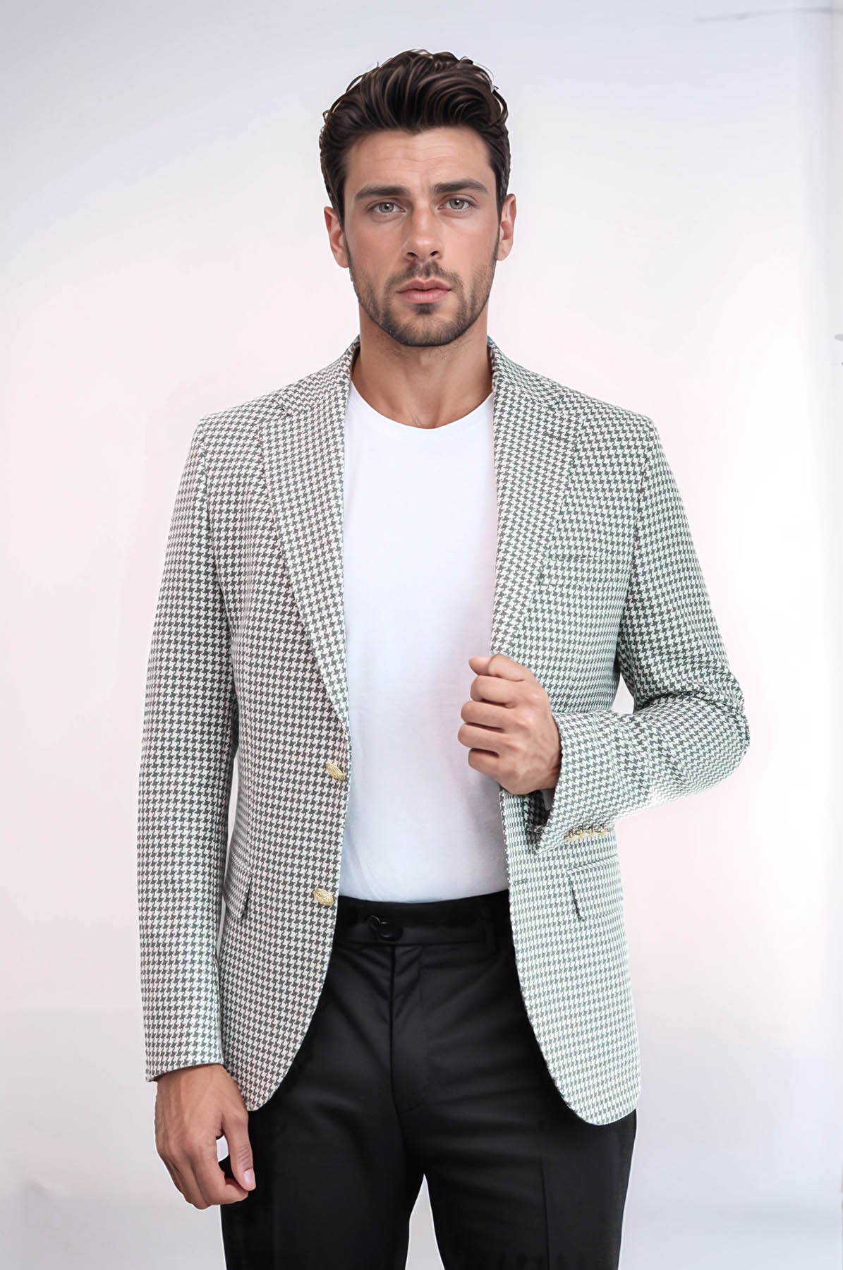 KOALA SYDNEY  Light Grey Houndstooth Pattern Gold Metal Button Slim Fit Men's Blazer Jacket