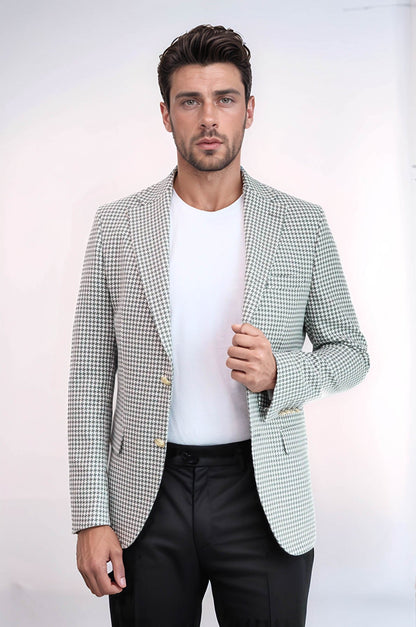 KOALA SYDNEY  Light Grey Houndstooth Pattern Gold Metal Button Slim Fit Men's Blazer Jacket