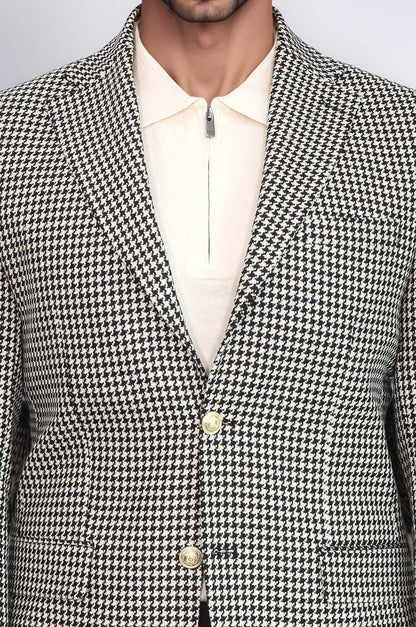 Black & Cream Houndstooth Pattern Gold Metal Button Slim Fit Men's Blazer Jacket