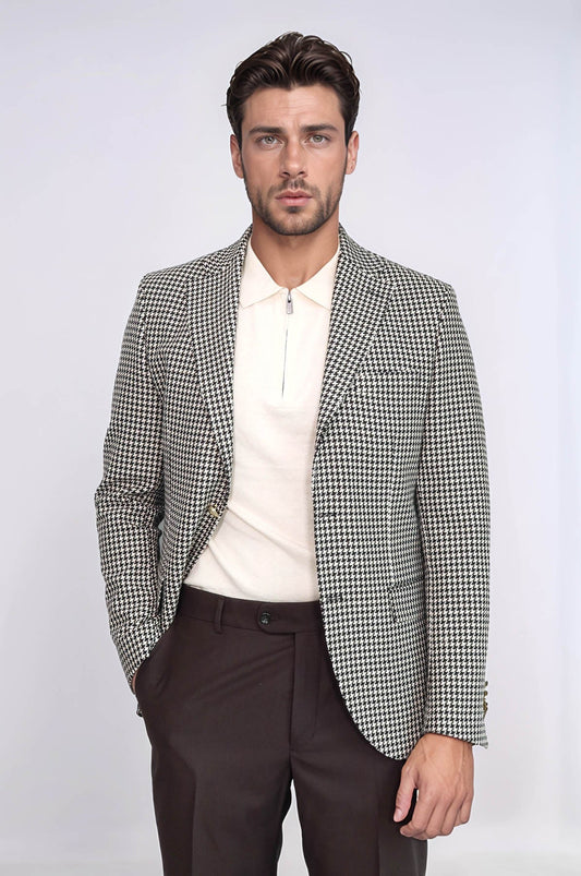 Black & Cream Houndstooth Pattern Gold Metal Button Slim Fit Men's Blazer Jacket