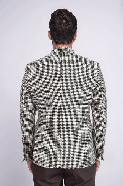 Black & Cream Houndstooth Pattern Gold Metal Button Slim Fit Men's Blazer Jacket