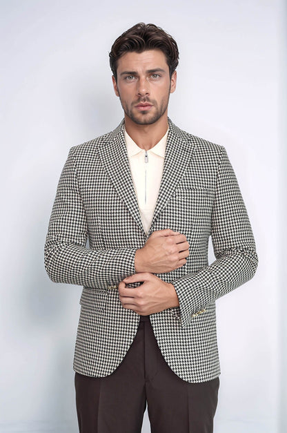 Black & Cream Houndstooth Pattern Gold Metal Button Slim Fit Men's Blazer Jacket