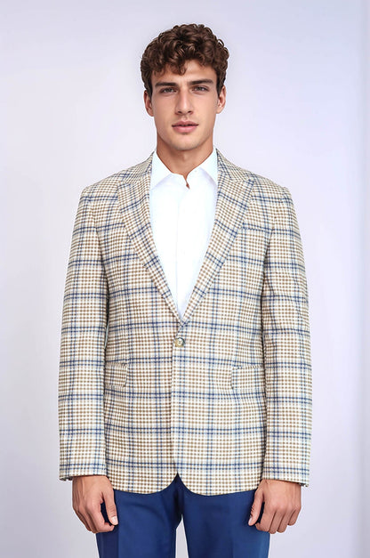 Plaid Slim-Fit Brown Blue Men Blazer - Wessi