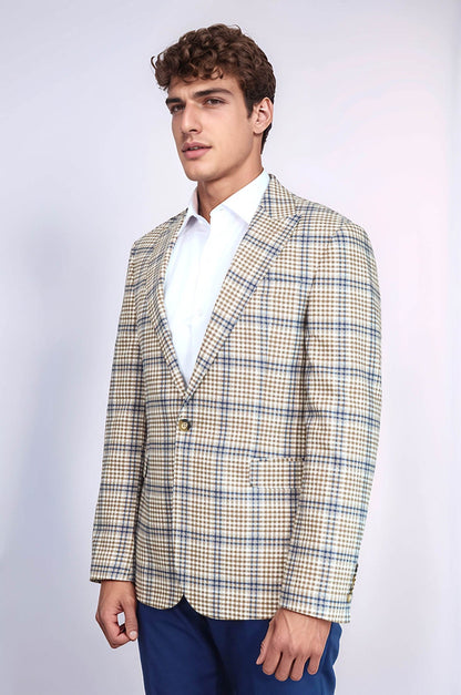 Plaid Slim-Fit Brown Blue Men Blazer - Wessi