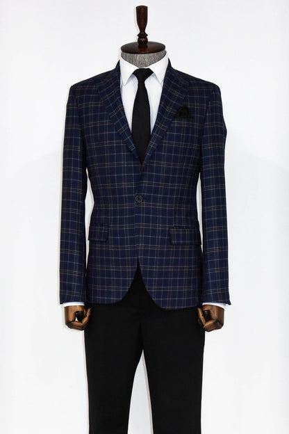 Checked Navy Blue Men Blazer and Trousers Combination