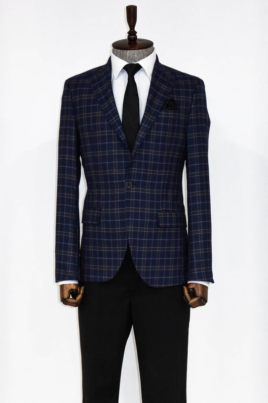 Checked Navy Blue Men Blazer and Trousers Combination