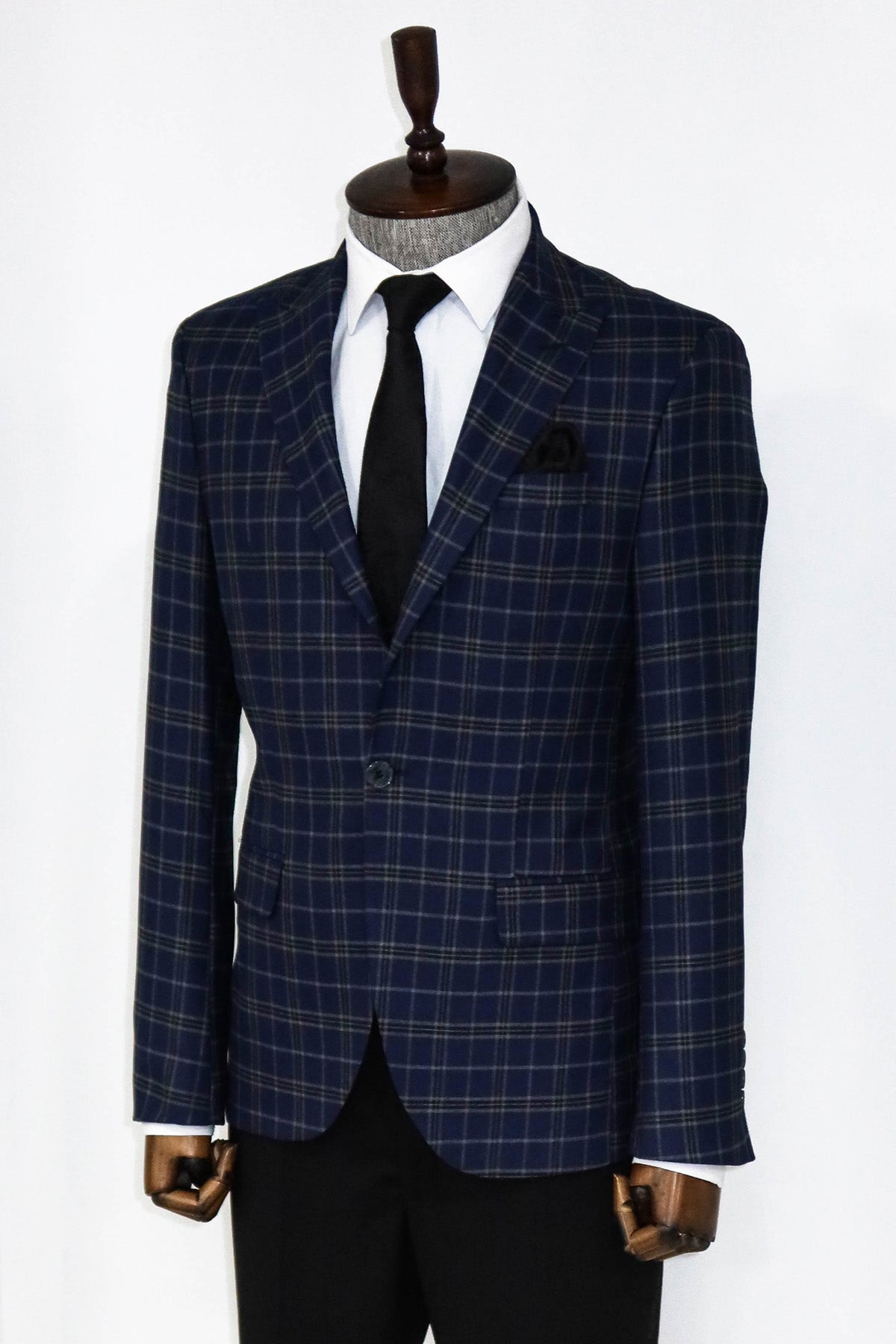 Checked Navy Blue Men Blazer and Trousers Combination