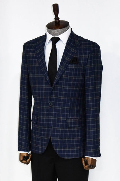 Checked Navy Blue Men Blazer and Trousers Combination