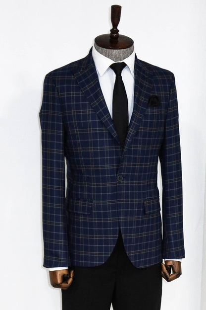 Checked Navy Blue Men Blazer and Trousers Combination