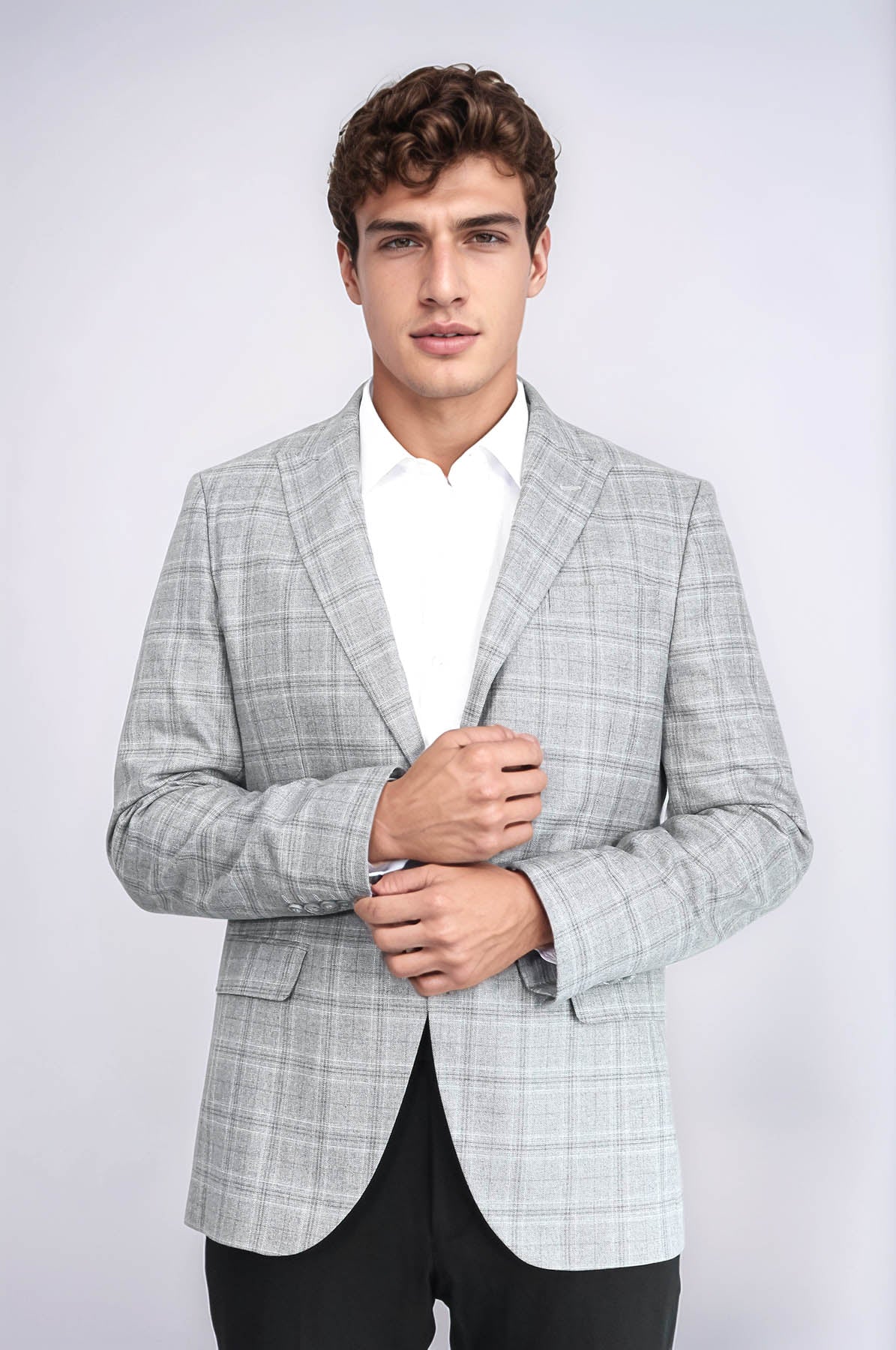Slim Fit Peak Lapel Checked Grey Men Blazer - Wessi