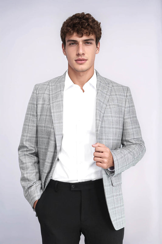 Slim Fit Peak Lapel Checked Grey Men Blazer - Wessi