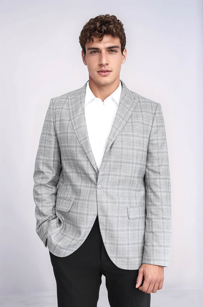 Slim Fit Peak Lapel Checked Grey Men Blazer - Wessi