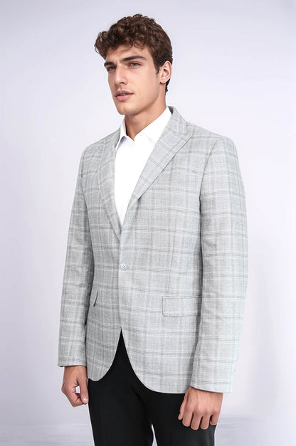 Slim Fit Peak Lapel Checked Grey Men Blazer - Wessi