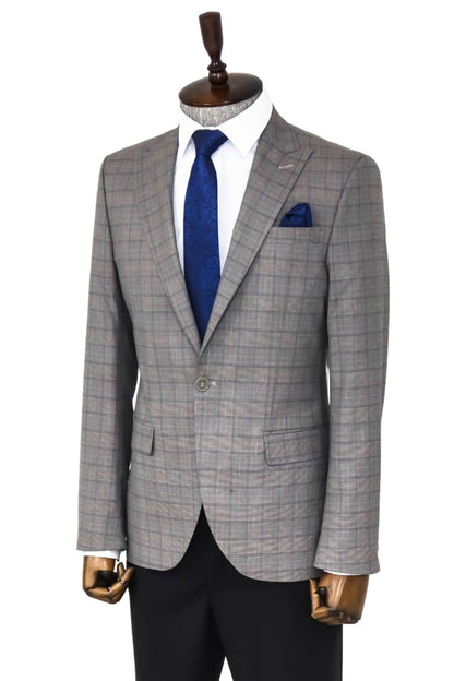 Slim Fit Peak Lapel Checked Grey Men Blazer - Wessi
