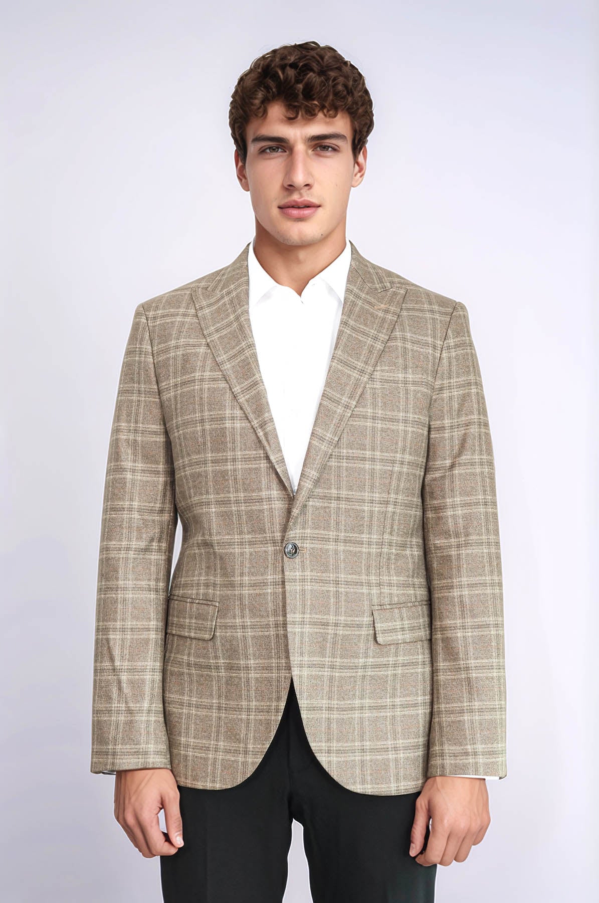 Slim Fit Peak Lapel Checked Grey Men Blazer - Wessi