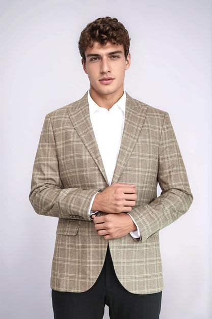Slim Fit Peak Lapel Checked Grey Men Blazer - Wessi