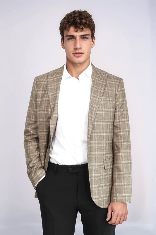 Slim Fit Peak Lapel Checked Grey Men Blazer - Wessi