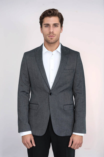 Patterned Slim-Fit Dark Grey Men Blazer - Wessi