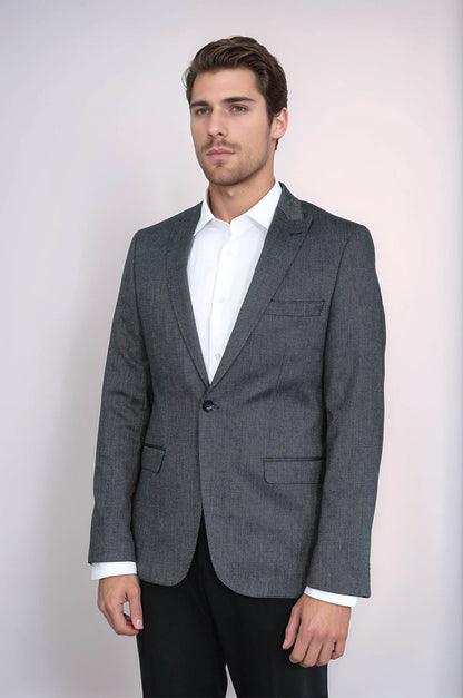 Patterned Slim-Fit Dark Grey Men Blazer - Wessi