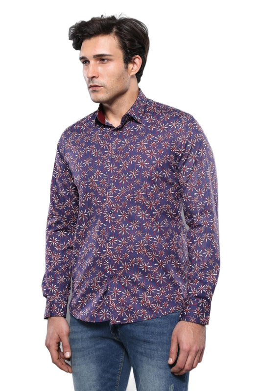 KOALA SYDNEY  Flower Patterned Long Sleeves Navy Blue Men Shirt