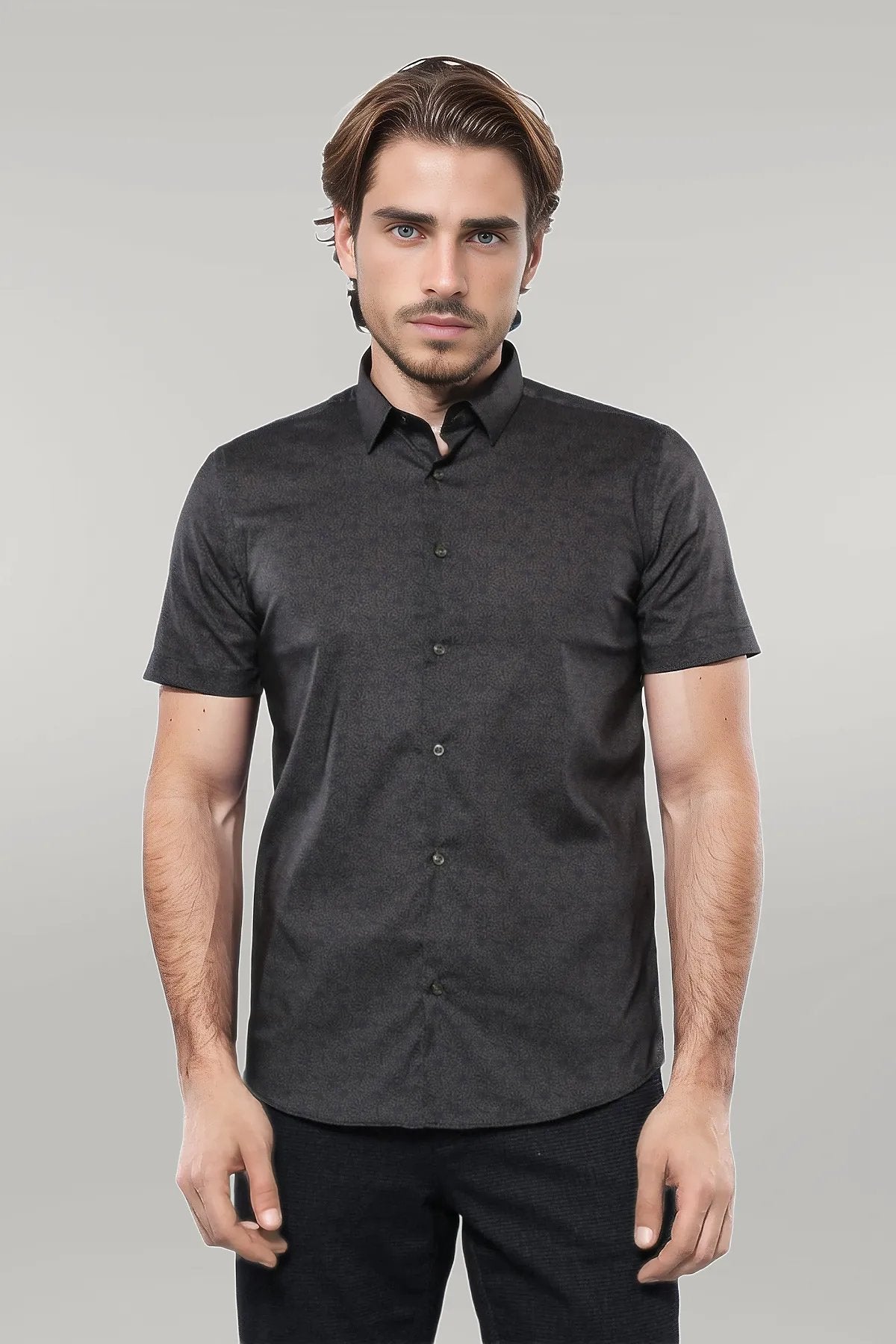 Patterned Short Sleeves Khaki Men Shirt