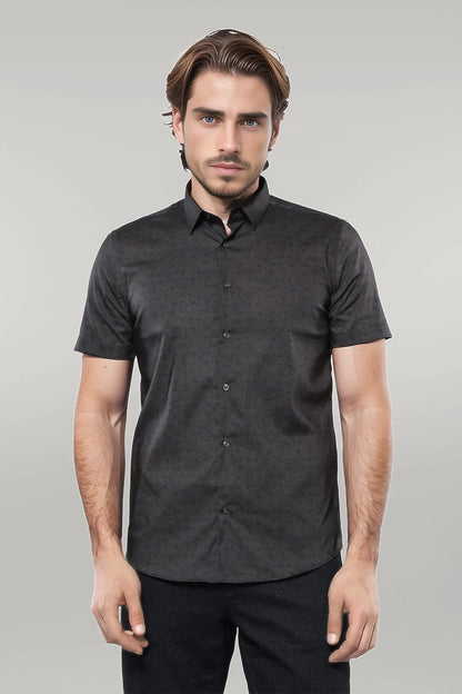 Patterned Short Sleeves Khaki Men Shirt