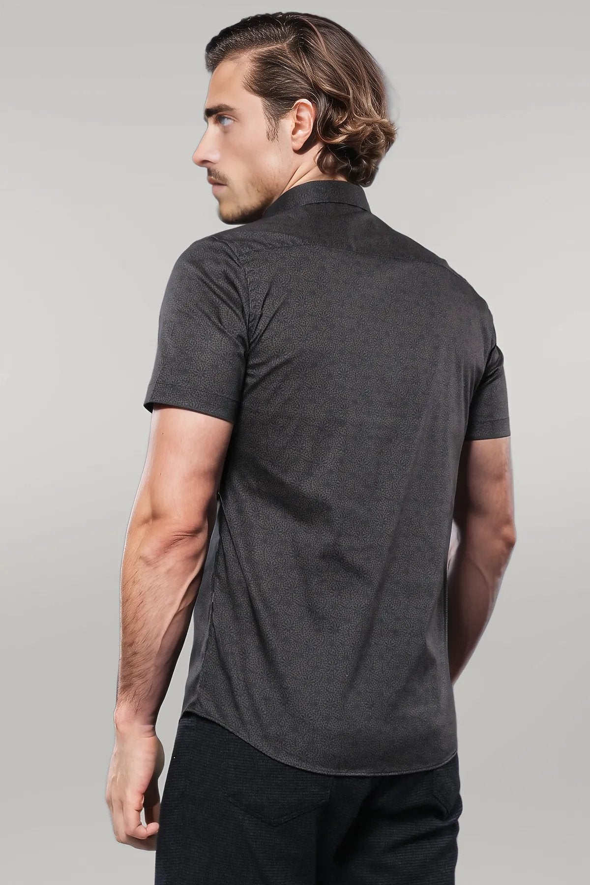 Patterned Short Sleeves Khaki Men Shirt