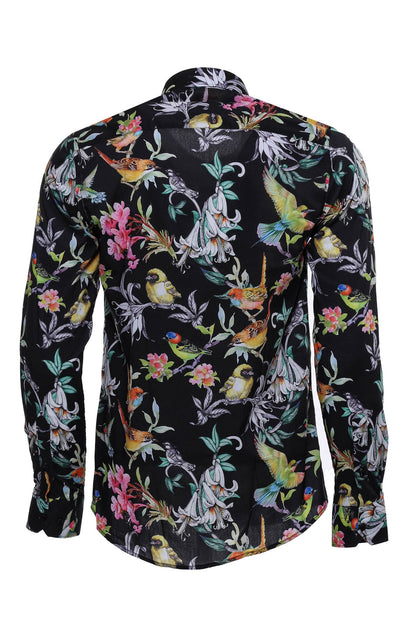 KOALA SYDNEY  Birds And Flowers Patterned Slim Fit Long Sleeves Black Men Shirt -