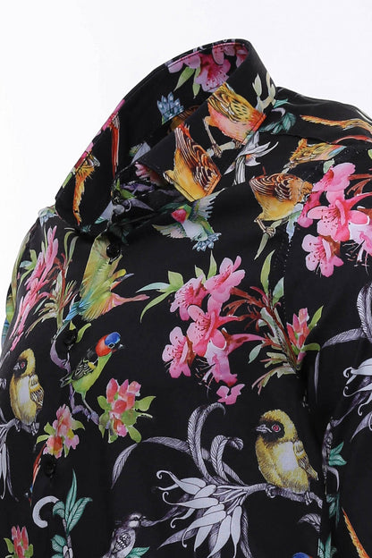 KOALA SYDNEY  Birds And Flowers Patterned Slim Fit Long Sleeves Black Men Shirt -