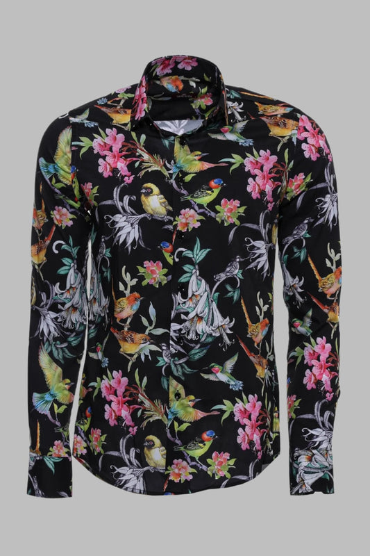 KOALA SYDNEY  Birds And Flowers Patterned Slim Fit Long Sleeves Black Men Shirt -