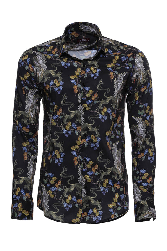 Patterned Slim Fit Long Sleeves Black Men Shirt -