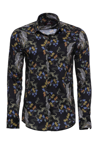 Patterned Slim Fit Long Sleeves Black Men Shirt
