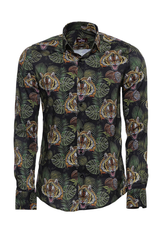 KOALA SYDNEY  Yellow Black Leaf Patterned Long Sleeves White Men Shirt -