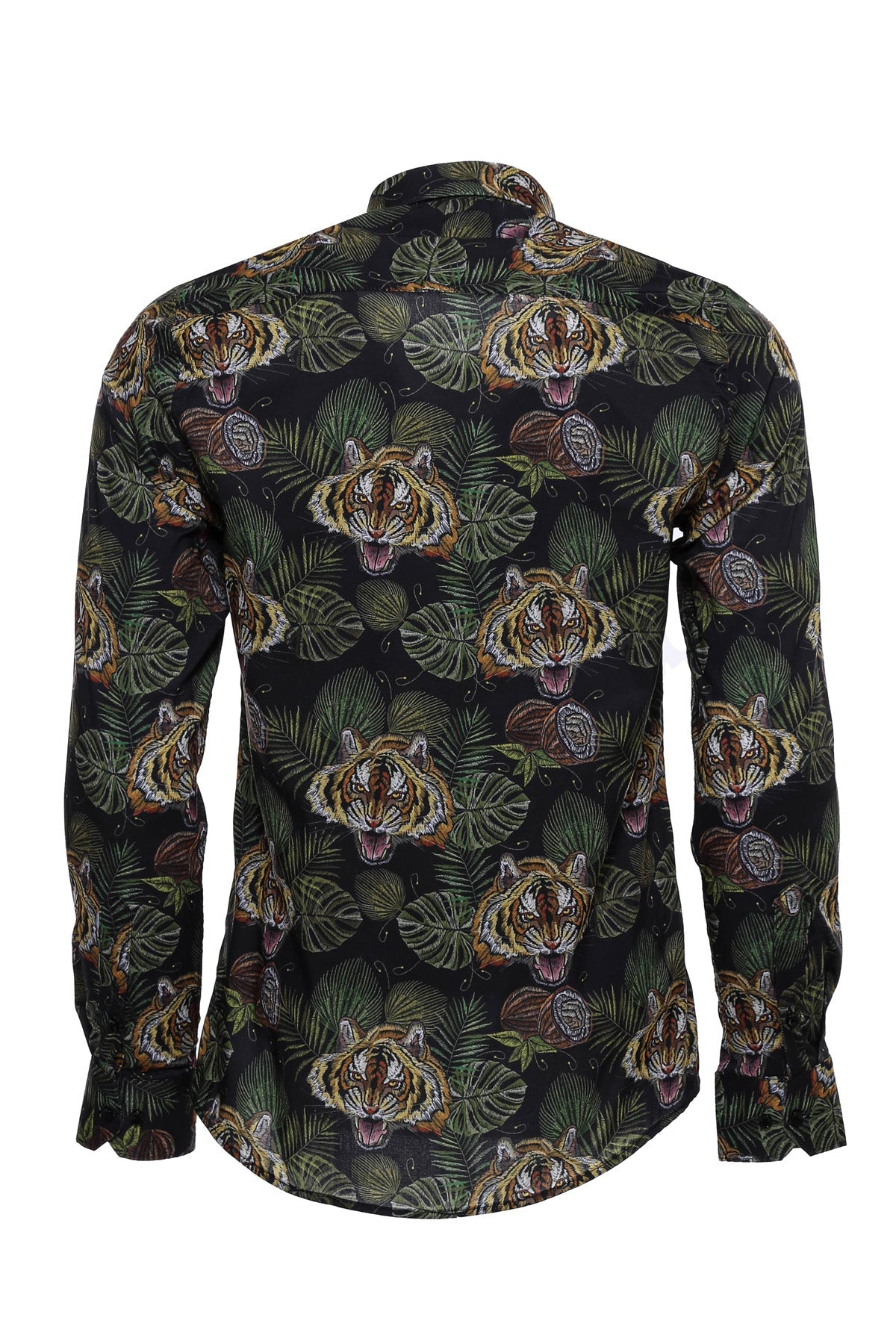 Yellow Black Leaf Patterned Long Sleeves White Men Shirt